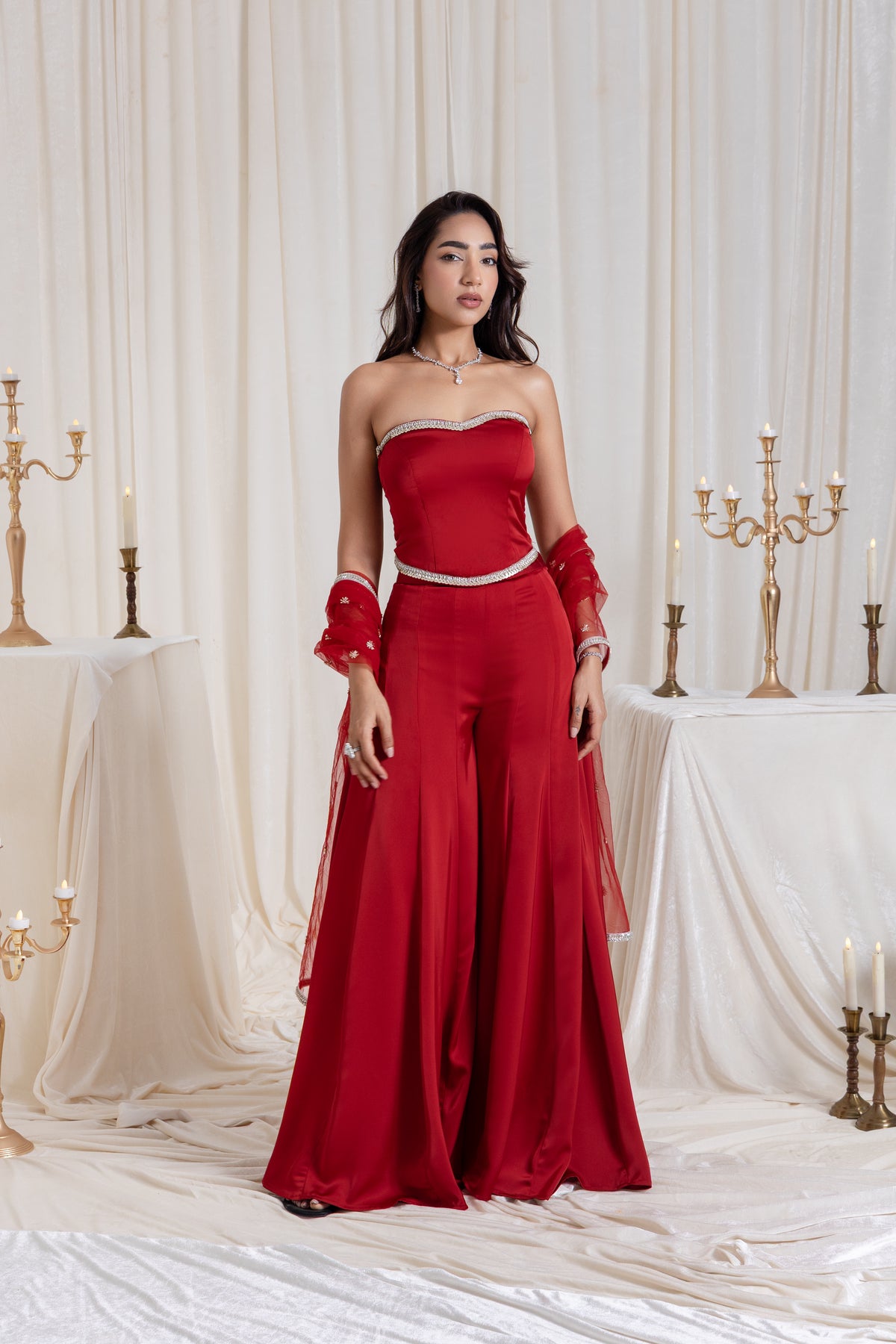 Adah Corset Sharara Set - Red
