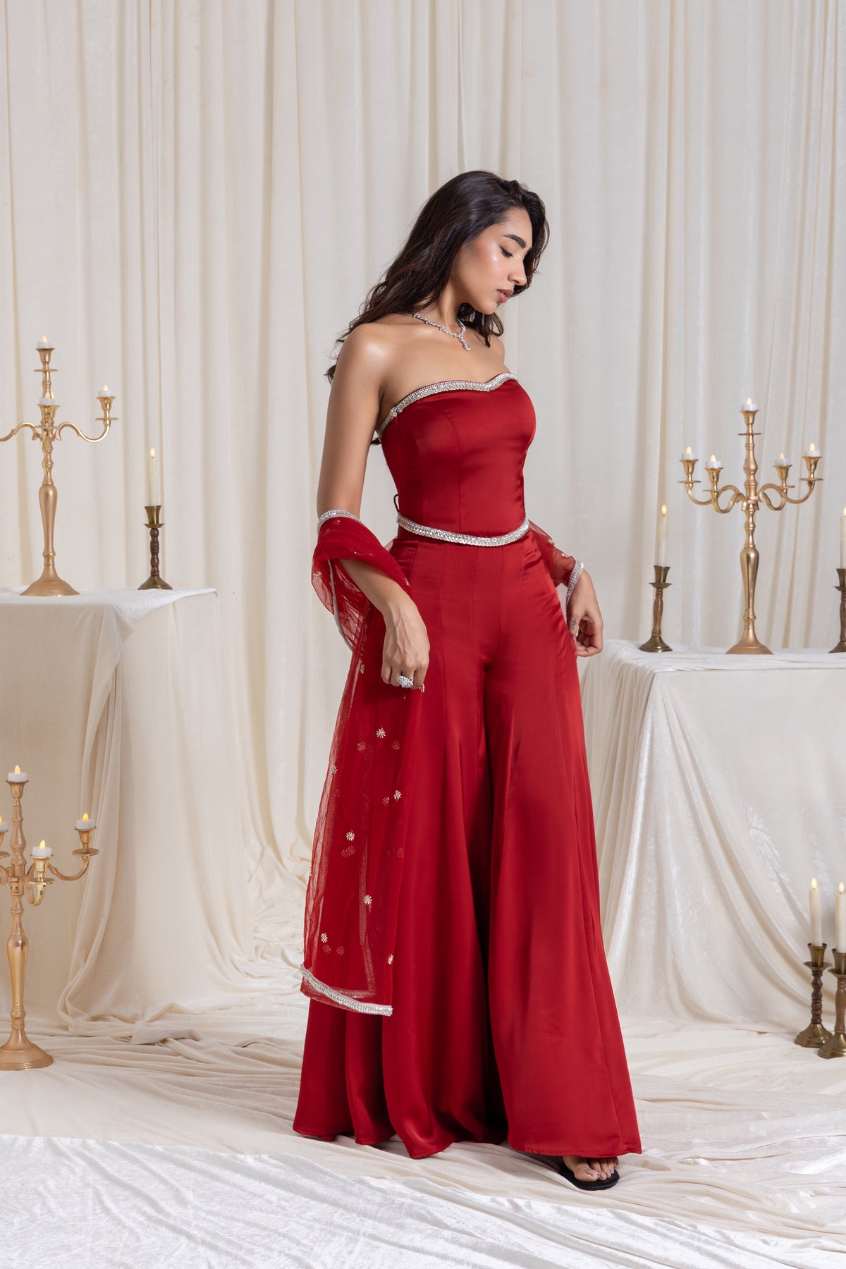 Adah Corset Sharara Set - Red