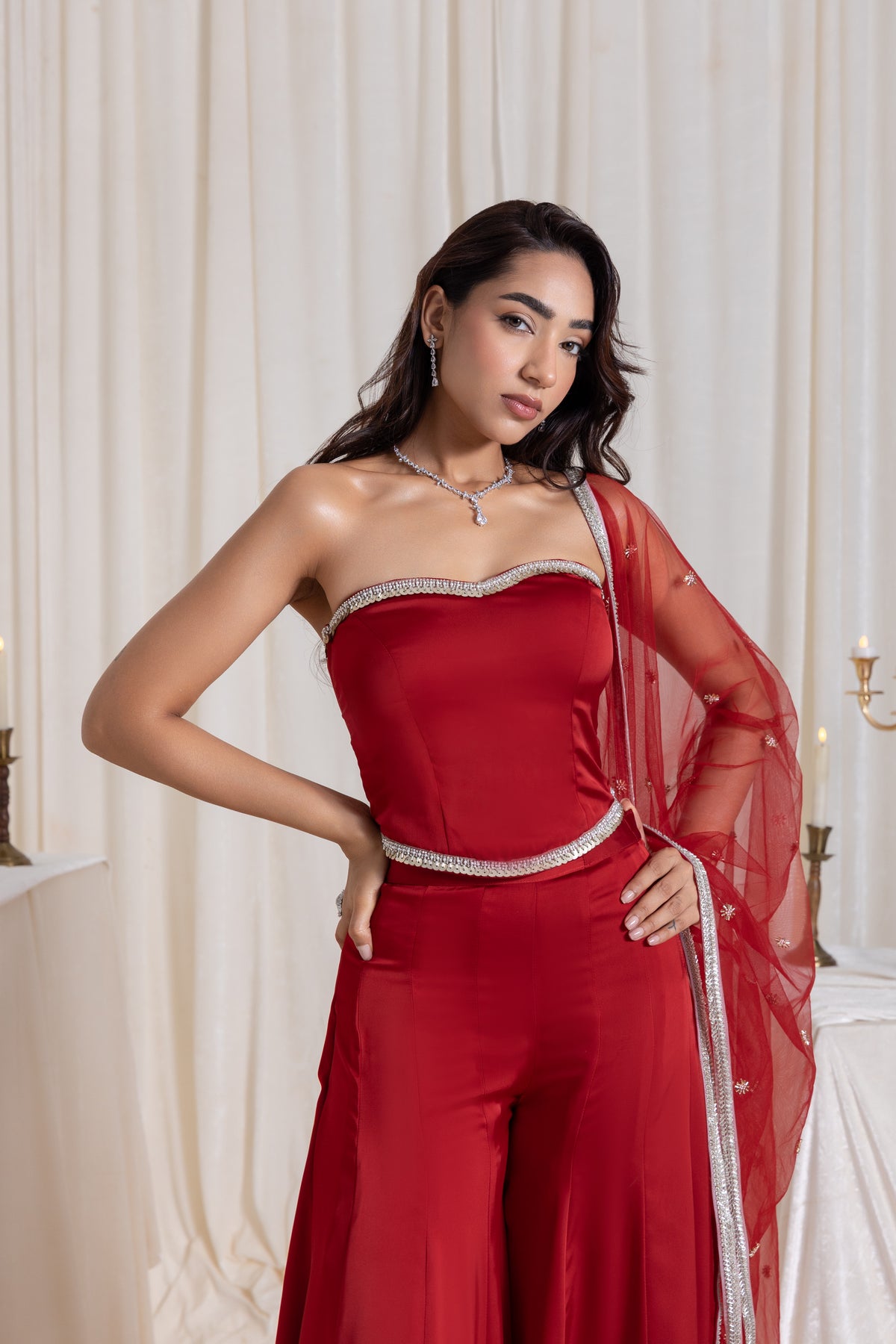 Adah Corset Sharara Set - Red