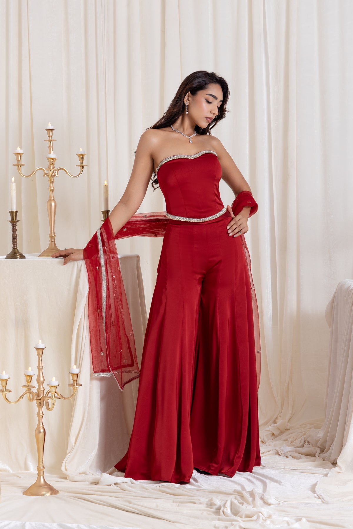 Adah Corset Sharara Set - Red