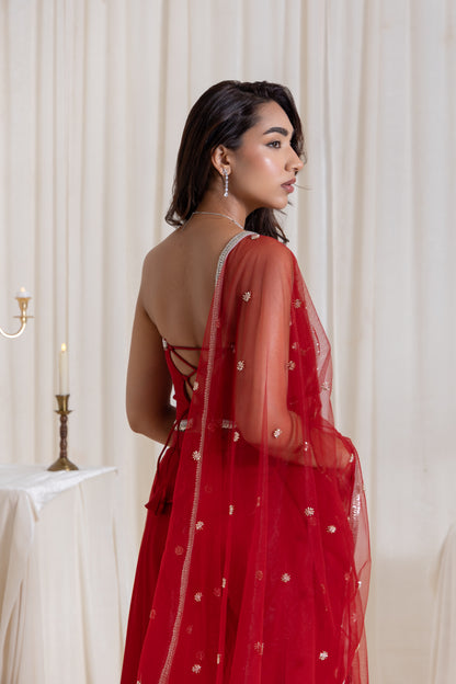 Adah Corset Sharara Set - Red