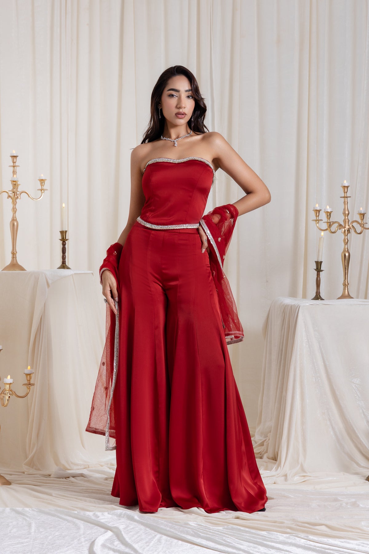 Adah Corset Sharara Set - Red