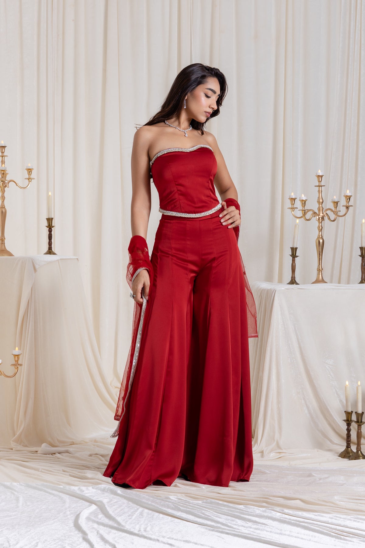 Adah Corset Sharara Set - Red