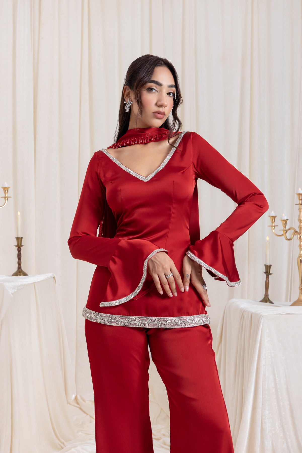 Ira V-neck Suit Set - Red