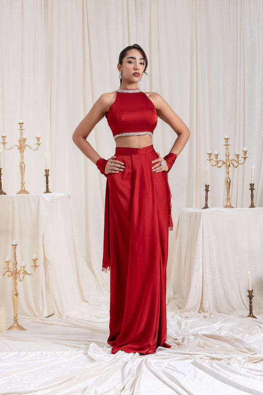 Noor Drape SkirtSet - Red